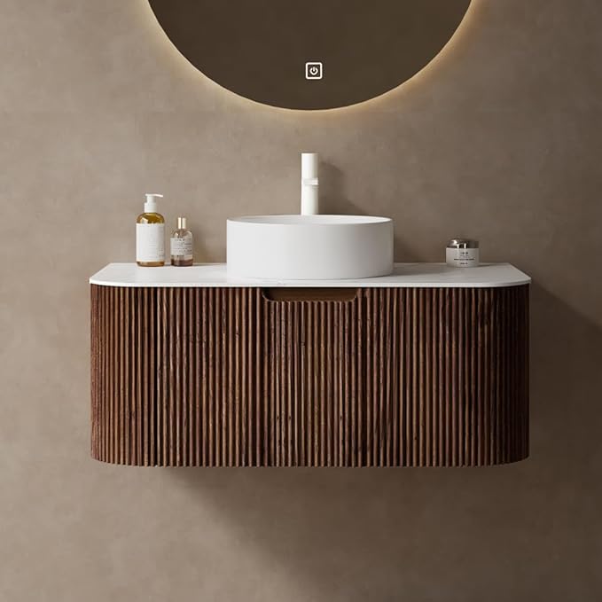 36'' Bathroom Vanities Cabinet with Sink Combo, Wall Mounted Floating Cabinet W/Curved Edges Stripes, Oak Plywood, Soft-close System with a Drawer, White Round Ceramic Basin - Kiel, Dark Walnut