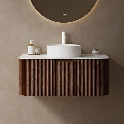36'' Bathroom Vanities Cabinet with Sink Combo, Wall Mounted Floating Cabinet W/Curved Edges Stripes, Oak Plywood, Soft-close System with a Drawer, White Round Ceramic Basin - Kiel, Dark Walnut
