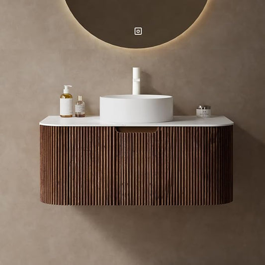 36'' Bathroom Vanities Cabinet with Sink Combo, Wall Mounted Floating Cabinet W/Curved Edges Stripes, Oak Plywood, Soft-close System with a Drawer, White Round Ceramic Basin - Kiel, Dark Walnut