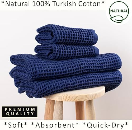 PÜSKÜL Natural 100% Turkish Cotton Waffle Towels Set of 4-Piece, Navy Blue