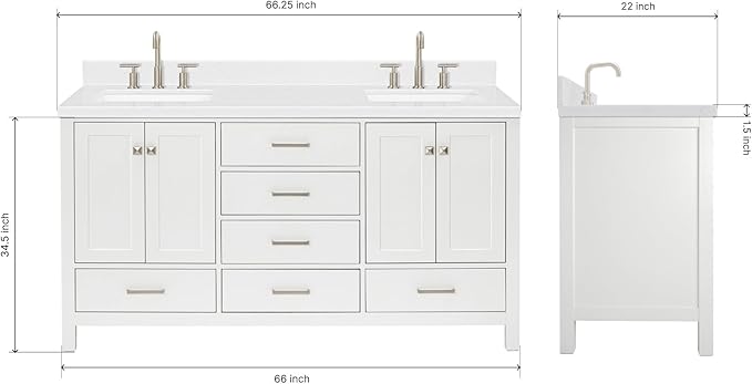 ARIEL Cambridge 66-inch Bathroom Vanity with Sink,Solid Wood, 1.5-inch Carrara White Quartz Countertop, Double Rectangular Porcelain Sink, 4 Soft Closing Doors, 6 Dovetail Drawers, White