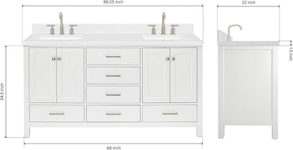 ARIEL Cambridge 66-inch Bathroom Vanity with Sink,Solid Wood, 1.5-inch Carrara White Quartz Countertop, Double Rectangular Porcelain Sink, 4 Soft Closing Doors, 6 Dovetail Drawers, White