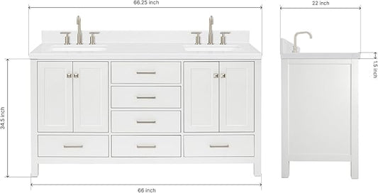 ARIEL Cambridge 66-inch Bathroom Vanity with Sink,Solid Wood, 1.5-inch Carrara White Quartz Countertop, Double Rectangular Porcelain Sink, 4 Soft Closing Doors, 6 Dovetail Drawers, White