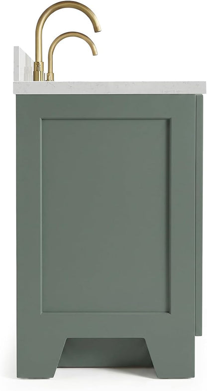 ARIEL Taylor 72-inch Bathroom Vanity with Sink,Solid Wood, 1.5-inch Carrara White Quartz Countertop, Double Rectangular Porcelain Sink, Soft Closing Doors, Dovetail Drawers, Vintage Green