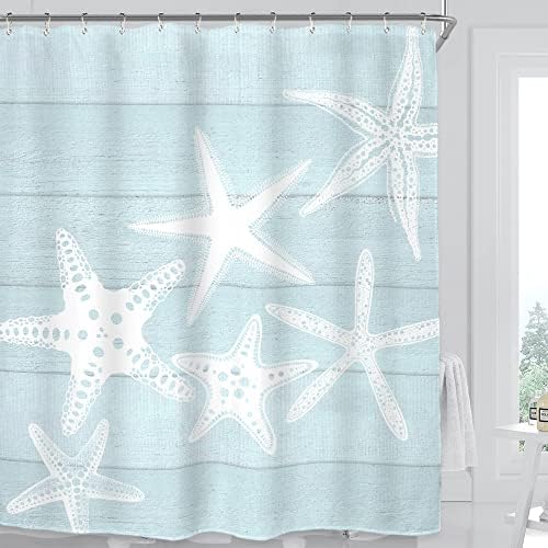 Miyotaa Beach Starfish Shower Curtain Set 60Wx71H Inches Seafoam Wooden Wood Rustic Country Ocean Sea Vintage Farmhouse Pastel Polyester Waterproof Cloth Bathroom Curtain with 12 Hooks