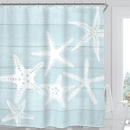 Miyotaa Beach Starfish Shower Curtain Set 60Wx71H Inches Seafoam Wooden Wood Rustic Country Ocean Sea Vintage Farmhouse Pastel Polyester Waterproof Cloth Bathroom Curtain with 12 Hooks
