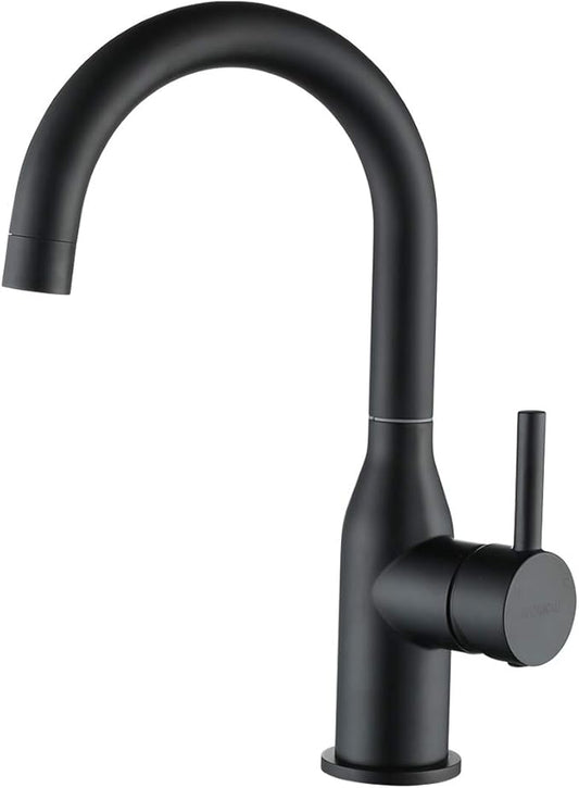 WOWOW Black Bathroom Faucet - Stainless Steel Single Handle Bar Sink High Arc Lavatory Mixer - Small Kitchen Tap With Supply Hoses