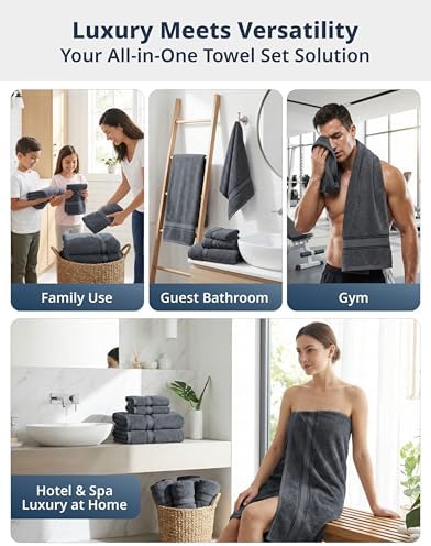 LANE LINEN Large Bath Towel Set Absorbent Quick Dry 100% Cotton - Cool Grey