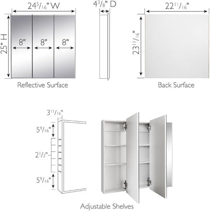 Design House Cyprus 25-in. Wide Medicine Cabinet, 3 Frameless Mirrored Doors, 2 Interior Shelves, Pre-Assembled, Surface or Recess Mounted, White/Clear, 25.1 in. W x 4.4 in. D x 24.5 in. H, 597484