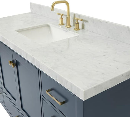 ARIEL Cambridge 60-inch Bathroom Vanity with Sink,Solid Wood, 2-inch Italian Carrara Marble Countertop, Single Rectangular Porcelain Sink, 2 Soft Closing Doors, 9 Dovetail Drawers, Midnight Blue