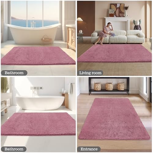 Yeaban Chenille Dusty Rose Bathroom Rug 36"x60",Non-Slip Rubber Backing