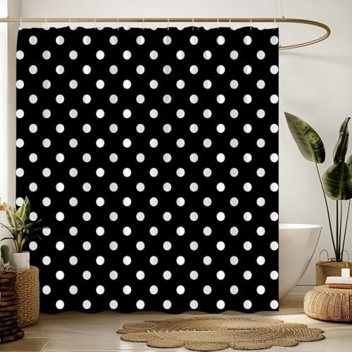 Polka Dot Shower Curtain Black White Retro Spot Vintage Fabric Decorative Bathroom Curtains with Hooks,70" Wx70 H
