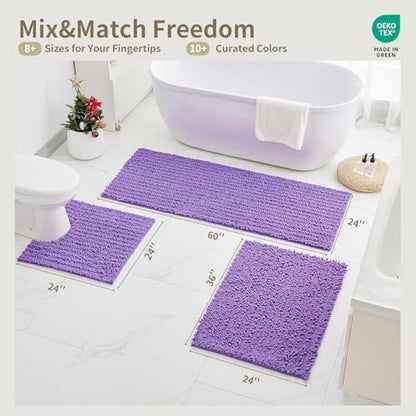Bathroom Rugs Non Slip Washable 70x24, Extra Thick Soft Chenille Absorbent Bath Mat, High Density Barrier Non Slip Backing, Quick Dry Plush Shaggy Floor Carpet for Tub&Shower, Purple