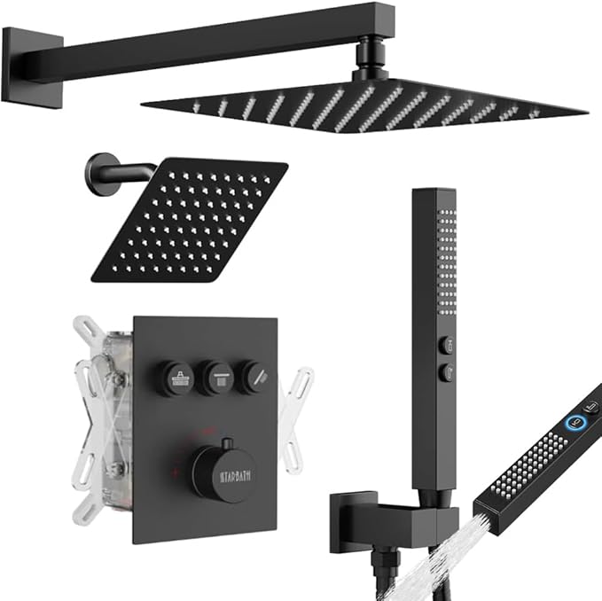 Thermostatic Shower System Matte Black, STARBATH Shower Faucets Sets 12+ 6" Wall Mount Rain Shower and 2 in 1 Handhled, Can Use All at Once, Push Button 3 Modes Valve and Trim Kit Complete Shower Set