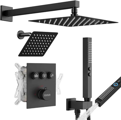 Thermostatic Shower System Matte Black, STARBATH Shower Faucets Sets 12+ 6" Wall Mount Rain Shower and 2 in 1 Handhled, Can Use All at Once, Push Button 3 Modes Valve and Trim Kit Complete Shower Set