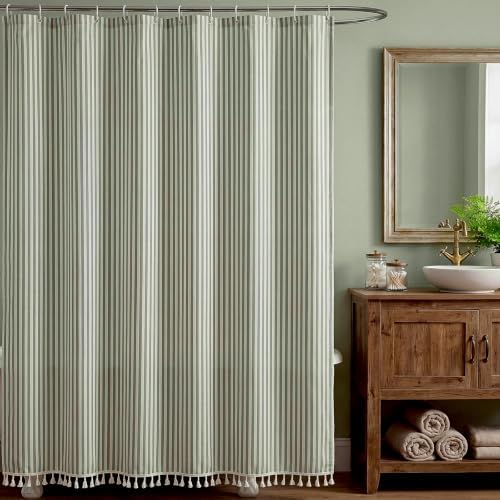 HunnmingRe Sage Green Farmhouse Striped Shower Curtain Tasseled 72x72 Inch