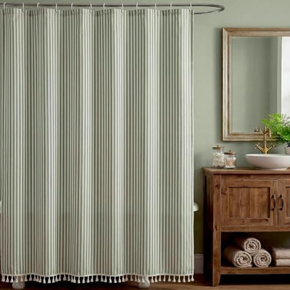 HunnmingRe Sage Green Farmhouse Striped Shower Curtain Tasseled 72x72 Inch