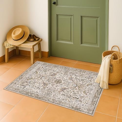 Boho Moss 2x3 Indoor Rugs for Entryway, Vintage Washable Small Throw Rug for Kitchen, Non Slip Soft Floral Bathroom Carpet with Bird Pattern, Low Pile & Stain Resistant