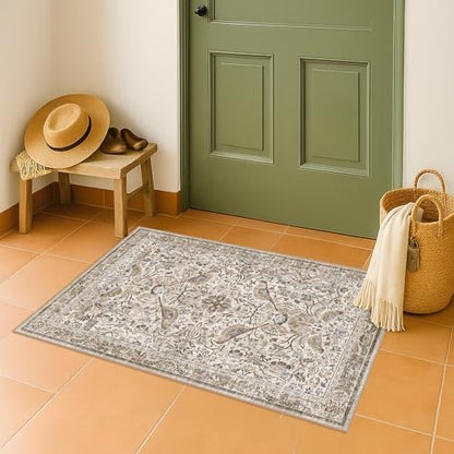 Boho Moss 2x3 Indoor Rugs for Entryway, Vintage Washable Small Throw Rug for Kitchen, Non Slip Soft Floral Bathroom Carpet with Bird Pattern, Low Pile & Stain Resistant