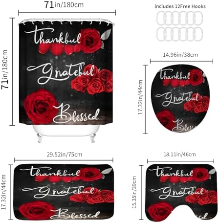 Onalasyc 4Pcs Red Rose Floral Shower Curtain with Rugs Set