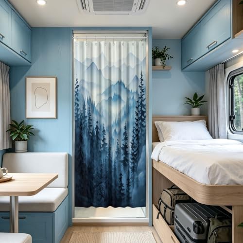 Navy Blue Forest Stall Shower Curtain, 47X64 in Narrow Small, Mountain