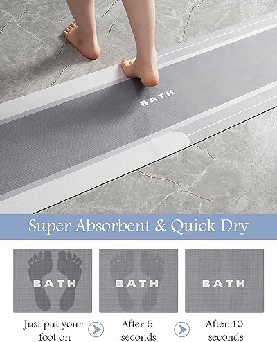 MontVoo-Bath Mat Rug Runner Long Bathroom Mat Non Slip Super Absorbent Stain Resistant Quick Dry Thin Bathroom Rug Fit Under Door-Bath Mats for Bathroom Floor Bathtub Vanity-Bathmat 17"x50" Grey