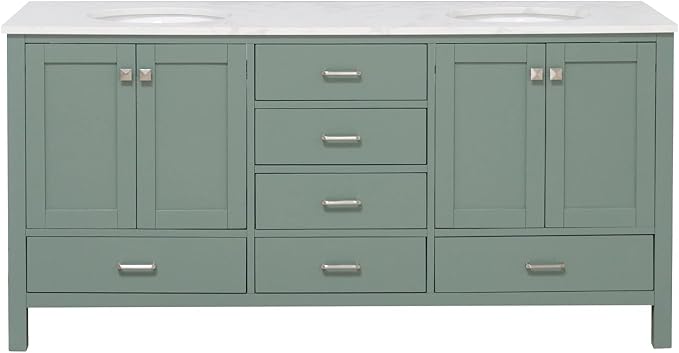 Horizon 72-inch Double Bathroom Vanity (Engineered Carrara/Sage Green): Includes Sage Green Cabinet with Engineered Carrara Countertop and White Ceramic Sinks