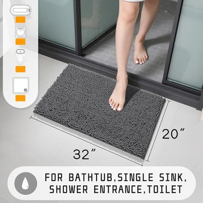Yimobra Washable Bathroom Rugs, Super Soft & Absorbent Chenille Bath Mat for Floor & Carpet, Quick Dry Non Slip Bath Mat for Tub Shower, 32"x20",Dark Gray