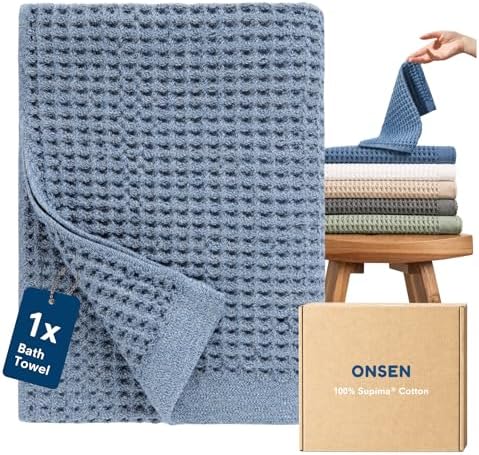 ONSEN Supima® Waffle Bath Towel, Large, Quick Dry Lint Free 100% USA Cotton, Lightweight Absorbent Bath Towel, 31x57 in (Denim Blue, 1x Bath Towel)