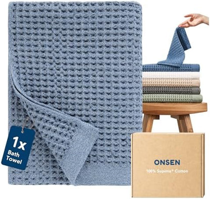 ONSEN Supima® Waffle Bath Towel, Large, Quick Dry Lint Free 100% USA Cotton, Lightweight Absorbent Bath Towel, 31x57 in (Denim Blue, 1x Bath Towel)