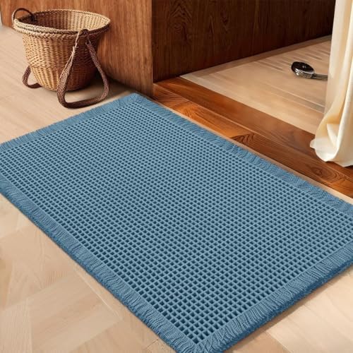 IM HOME Waffle Bath Mat Blue 24"x17",Boho Woven Modern Bath Mat Rugs, Absorbent Non Slip Bathroom Rugs, Soft Washable Bath Rugs with Tassels for Bedroom, Kitchen, Shower, Tub