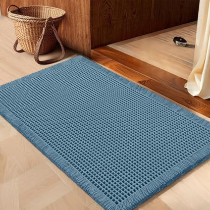 IM HOME Waffle Bath Mat Blue 24"x17",Boho Woven Modern Bath Mat Rugs, Absorbent Non Slip Bathroom Rugs, Soft Washable Bath Rugs with Tassels for Bedroom, Kitchen, Shower, Tub