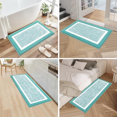 Pauwer Bathroom Rugs 3 Piece Set, Non Slip Washable Bath Mat, Teal