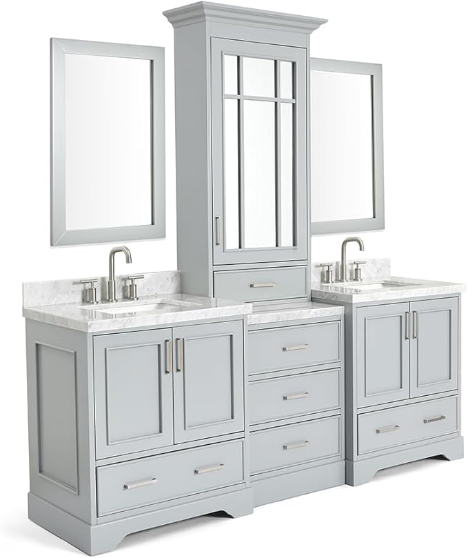 ARIEL Stafford 84-inch Bathroom Vanity with Sink,Solid Wood, 1.5-inch Italian Carrara Marble Countertop, Double Rectangular Porcelain Sink, 5 Soft Closing Doors, 6 Dovetail Drawers, Grey