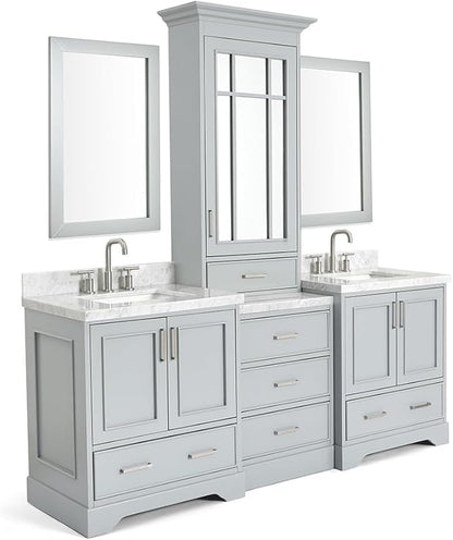 ARIEL Stafford 84-inch Bathroom Vanity with Sink,Solid Wood, 1.5-inch Italian Carrara Marble Countertop, Double Rectangular Porcelain Sink, 5 Soft Closing Doors, 6 Dovetail Drawers, Grey