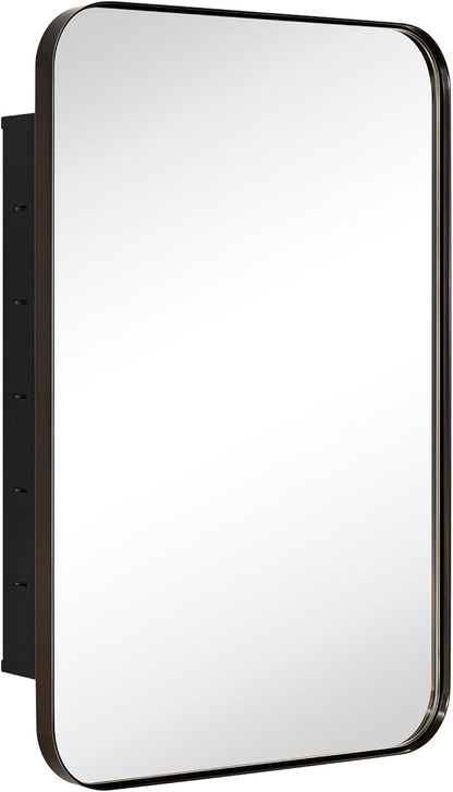 Oil Rubbed Bronze Rectangle Recessed Bathroom Medicine Cabinet with Mirror Stainless Steel Dark Bronze Metal Framed Rounded Rectangular Bathroom Cabinet with Mirror 16x24''