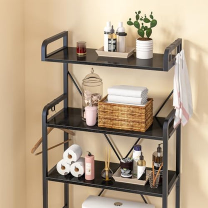 Huhote Over-The-Toilet Storage Rack with 3-Tier Shelves, Space Saver Toilet Shelf, Bathroom Storage Organizer with Hooks for Over-Toilet Storage (Black)