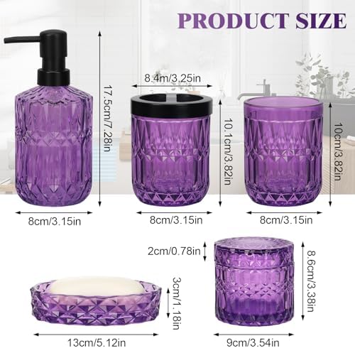 Bathroom Accessories Set, 5Pcs Bathroom Soap Dispenser Set, Glass Bathroom Accessories with Glass Soap Dispenser, Soap Dish, Toothbrush Holder, Tumbler, Cotton Swab Jar (Purple)