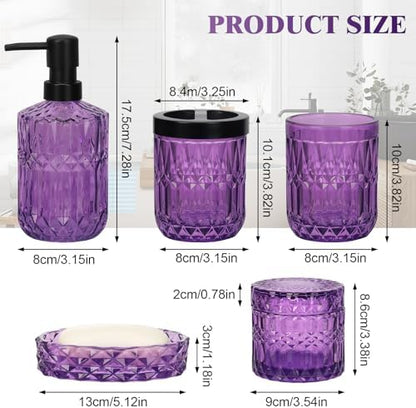 Bathroom Accessories Set, 5Pcs Bathroom Soap Dispenser Set, Glass Bathroom Accessories with Glass Soap Dispenser, Soap Dish, Toothbrush Holder, Tumbler, Cotton Swab Jar (Purple)