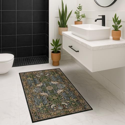 Washable Dark Vintage Floral Rugs for Entryway - Small 2x4 Runner Rug for Kitchen Bathroom Door Mat Indoor Entrance with Bird & Botanical Pattern, Brown Earthy Tones, Non Slip Low Pile