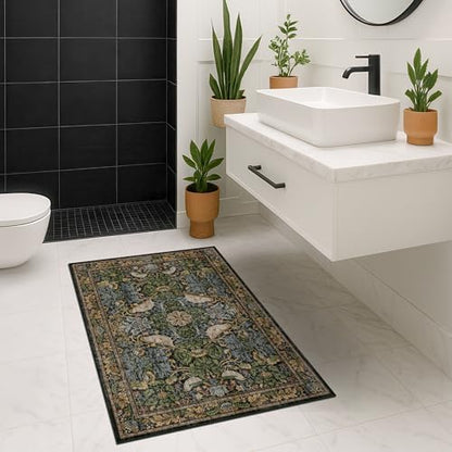 Washable Dark Vintage Floral Rugs for Entryway - Small 2x4 Runner Rug for Kitchen Bathroom Door Mat Indoor Entrance with Bird & Botanical Pattern, Brown Earthy Tones, Non Slip Low Pile
