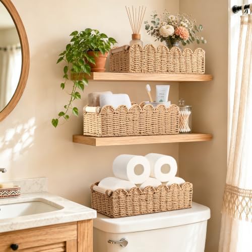 Bathroom Decor Farmhouse: Back of Toilet Basket - Bathroom Organizers and Storage for Bedroom Cottage Core Decor - Bathroom Accessories - Neutral Storage Wicker Basket for Home Decors Living Room