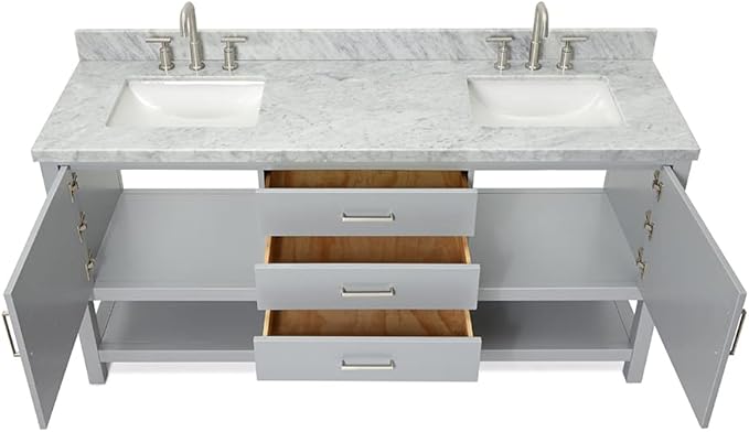 ARIEL Bayhill 72-inch Bathroom Vanity with Sink,Solid Wood, 1.5-inch Italian Carrara Marble Countertop, Double Rectangular Porcelain Sink, 2 Soft Closing Doors, 3 Dovetail Drawers, Grey