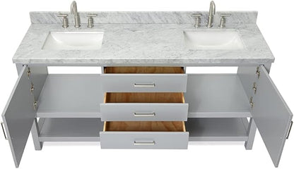 ARIEL Bayhill 72-inch Bathroom Vanity with Sink,Solid Wood, 1.5-inch Italian Carrara Marble Countertop, Double Rectangular Porcelain Sink, 2 Soft Closing Doors, 3 Dovetail Drawers, Grey