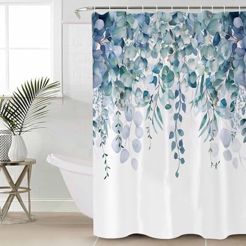 Shower Curtain Bathroom Set Country Eucalyptus Leaves Waterproof Shower Curtains with Grommets Hooks Watercolor Teal Green Leaf Privacy Bath Curtain for Bathtub Decor 36x72in