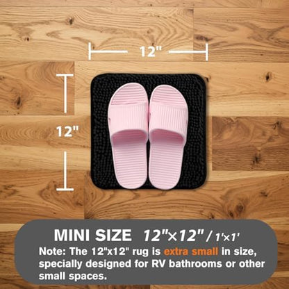 Small Bathroom Rug 12"x12" – Washable and Absorbent Mini Bath Mat, Non Slip, Thick Soft Chenille Bath Rugs for Bathroom, Shower, Locker Rug(Black)