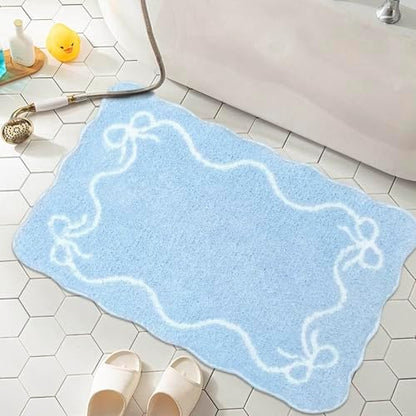 Mocsicka Blue Bow Bath Mat Cute Bow Bathroom Rug Super Soft Absorbent Bathroom Rugs Non Slip Bath Mat Machine Washable Rug for Bathrooms 20x32 inches (Blue, 50x80cm)