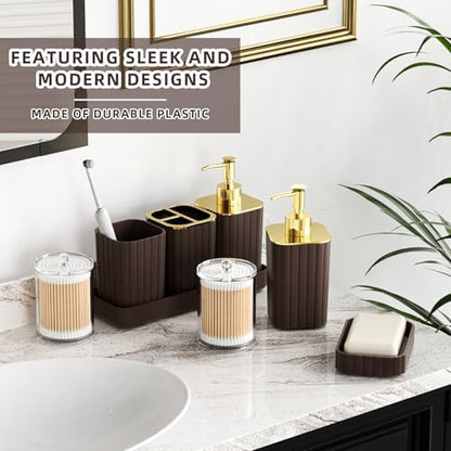 XLHOMO Bathroom Accessories Set - 25PC Brown Bathroom Sets with Shower Curtain and Rugs, Bathroom Accessory Set, Brown Shower Curtain Set, Trash Can, Qtip Holder Dispenser & Soap Dispenser