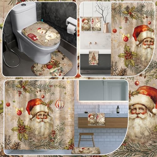 FuWeave 8 Pcs Christmas Shower Curtain Set Santa Bathroom Decor