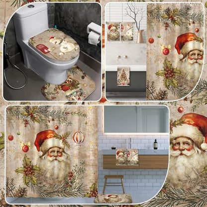 FuWeave 8 Pcs Christmas Shower Curtain Set Santa Bathroom Decor